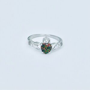 Sterling Silver Black Lab Opal Heart Claddagh Ring, Irish Rings, Crown Hearts